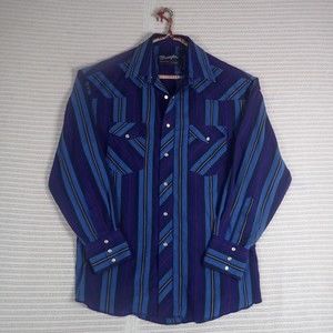 Vintage Mens Wrangler Long Sleeve Pearl Snap Shirt X-Long Tails 16-34 Blue